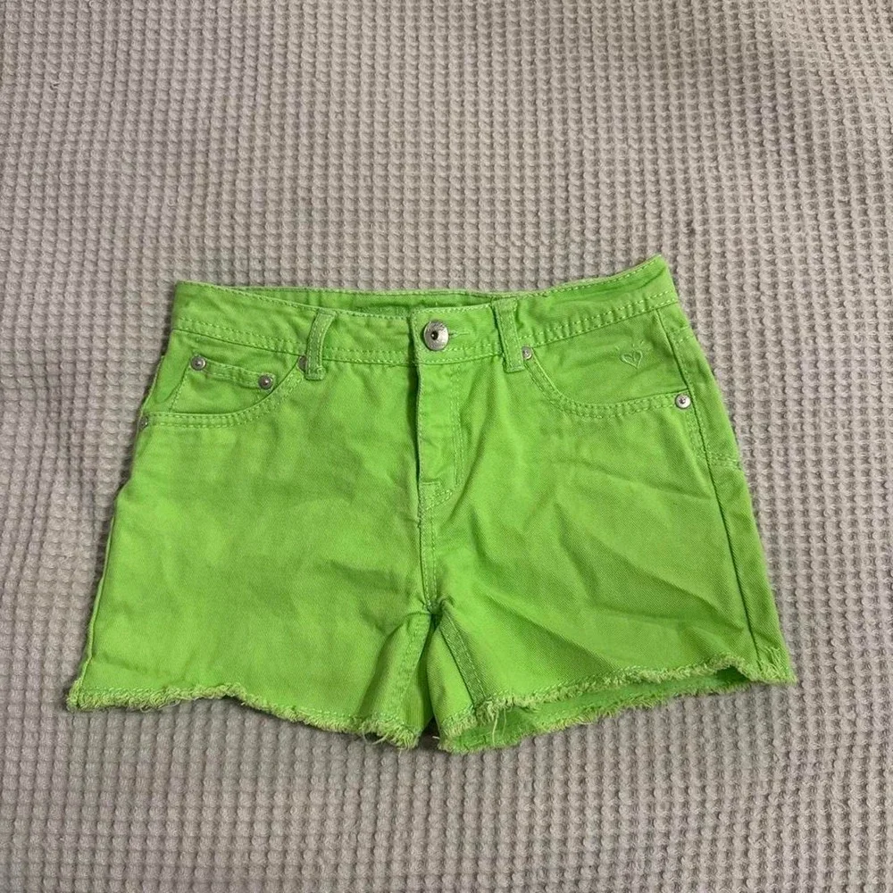 Justice Neon Lime Green Raw Hem Denim Shorts Girls 12R Low Rise